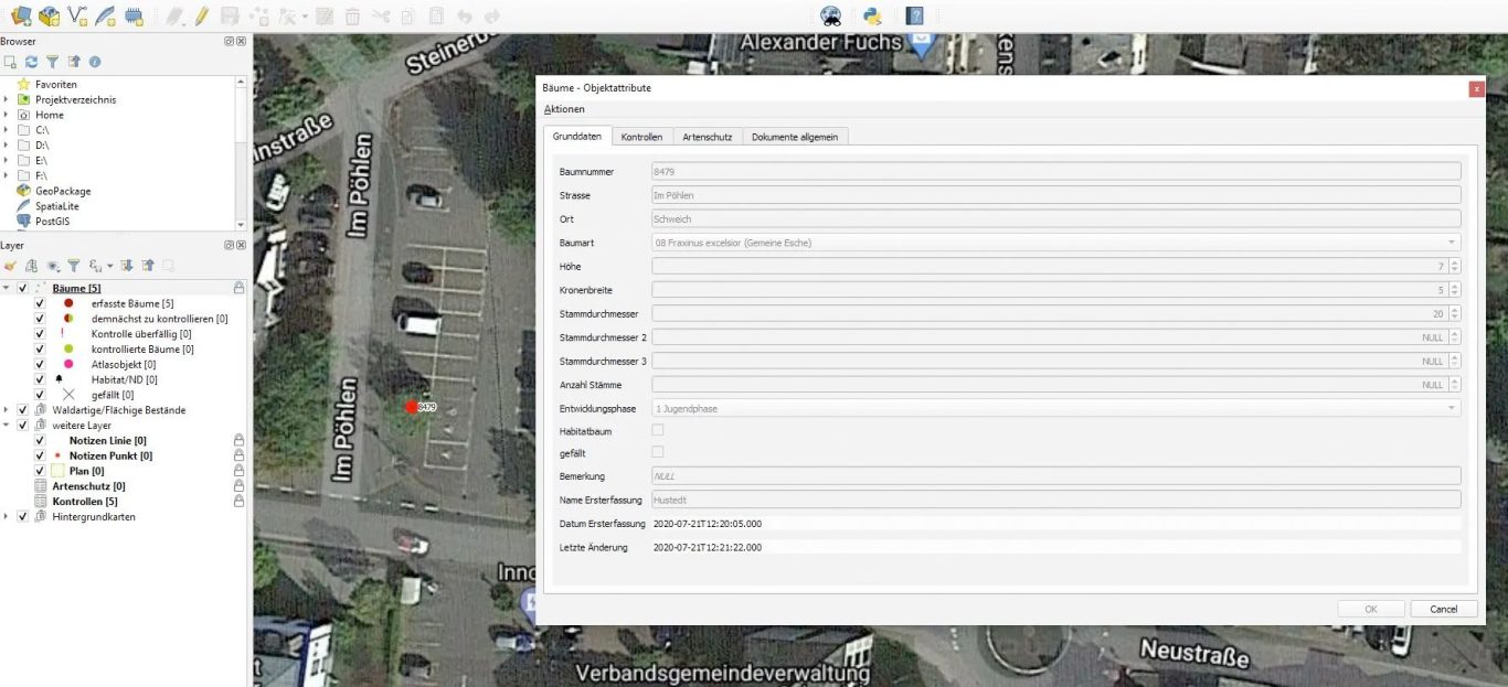 Klickt der Kontrolleur auf den ausgesuchten Baum, öffnet sich ein Fenster mit den Grunddaten. Hier werden Baumart, Alter Höhe und Breite sow