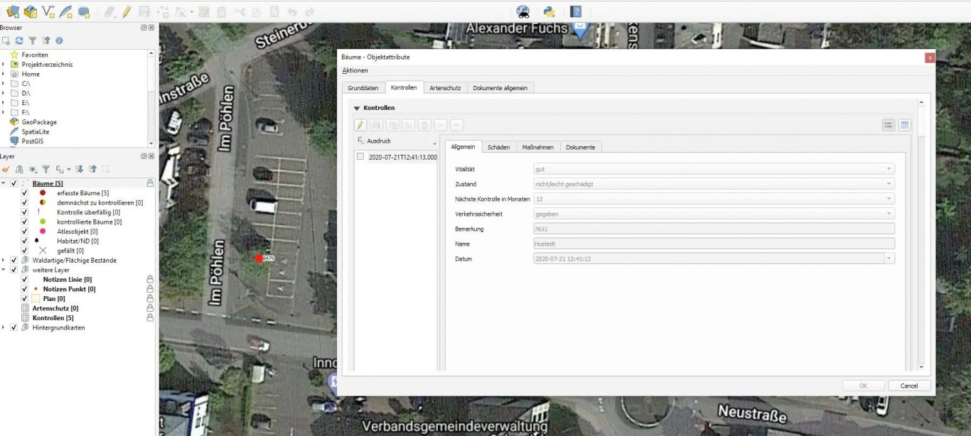 Im nächsten Reiter werden die Kontrollen gespeichert, Schäden dokumentiert und Maßnahmen festgelegt.
