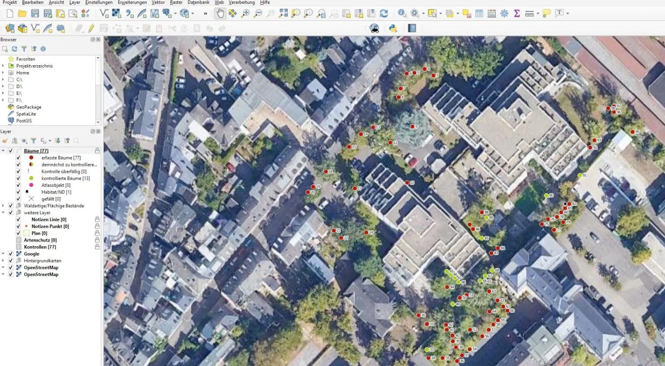Hier nochmal am Beispiel eines Seniorenheims dargestellt: die roten Bäume müssen kontrolliert werden!