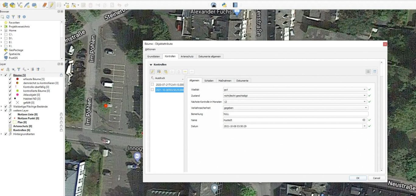 Im nächsten Schritt wird die Kontrolle durchgeführt: hier wird jede Kontrolle mit Kontrolldatum gespeichert, Schäden festgestellt, Maßnahmen